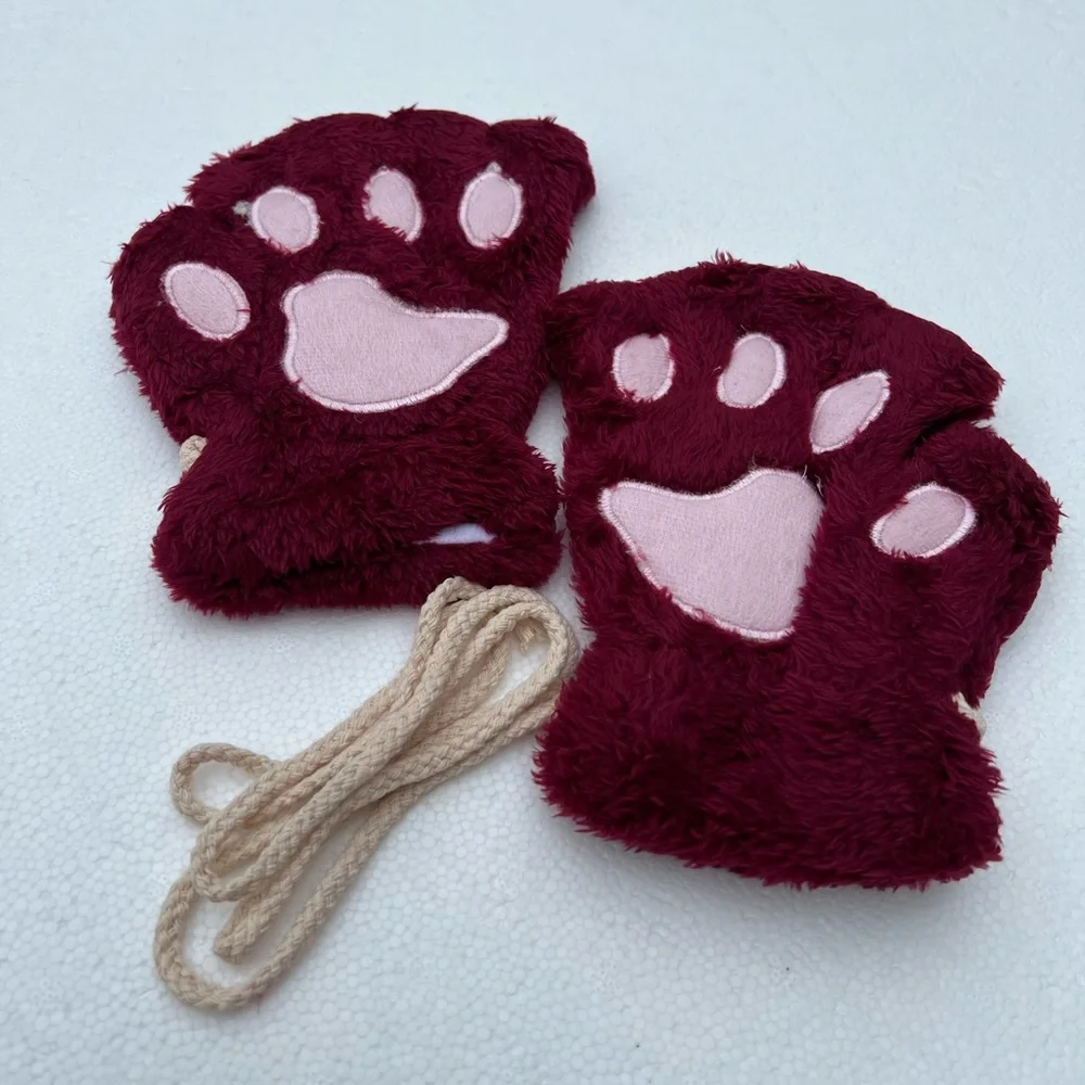 Super Soft Faux Fur Cat Bear Animal Paw Fingerless Gloves NEW Deadstock